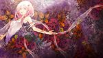  collarbone covered_navel dress flower guilty_crown hair_ornament highres long_hair looking_at_viewer pink_hair red_ribbon redjuice ribbon see-through solo white_dress yuzuriha_inori 