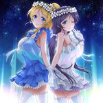  2girls ayase_eli bare_shoulders blonde_hair blue_eyes blush breasts choker dress flower gloves green_eyes long_hair looking_at_viewer love_live! love_live!_school_idol_project multiple_girls one_eye_closed parted_lips ponytail purple_hair rymerge sideboob smile thighhighs toujou_nozomi twintails wink 