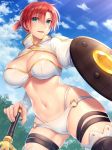  1girl boudica_(fate/grand_order) bow bra breasts fate/grand_order fate_(series) green_eyes hagino_kouta hair_bow highres holding holding_shield holding_sword holding_weapon juliet_sleeves large_breasts long_sleeves navel panties puffy_sleeves red_hair shield smile solo sword thigh_strap thighhighs underwear weapon white_bra white_panties 