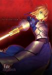  absurdres ahoge armor armored_dress artoria_pendragon_(all) blonde_hair blue_ribbon copyright_name fate/hollow_ataraxia fate_(series) gauntlets green_eyes hair_ribbon highres holding holding_sword holding_weapon official_art ribbon saber scan serious slit_pupils solo sword takeuchi_takashi weapon 