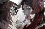  1girl aqua_eyes bare_shoulders brown_hair eye_contact eyelashes fangs fingernails forked_tongue long_hair long_tongue looking_at_another monster_girl nail_polish open_mouth saliva shiroton_(kazamineko) short_hair tongue 