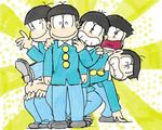  black_hair brothers child closed_eyes hand_on_shoulder henocchi lowres male_focus matching_outfit matsuno_choromatsu matsuno_ichimatsu matsuno_juushimatsu matsuno_karamatsu matsuno_osomatsu matsuno_todomatsu meiji_(brand) multiple_boys osomatsu-kun sextuplet_(osomatsu-kun) sextuplets siblings smile squatting sunburst waving wing_collar 