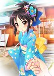  black_hair blush brown_eyes flower hair_flower hair_ornament hair_stick highres holding_hands idolmaster idolmaster_cinderella_girls japanese_clothes kimono looking_at_viewer out_of_frame pov pov_hands satogo short_hair solo_focus tachibana_arisu 