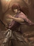  absurdres battoujutsu_stance brown_eyes brown_hair ceasar_ian_muyuela facial_scar fighting_stance forest highres himura_kenshin japanese_clothes long_hair male_focus nature ponytail ready_to_draw rurouni_kenshin scar scar_on_cheek serious sheath sheathed signature solo sword tree weapon 