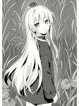  1girl arifureta_shokugyou_de_sekai_saikyou cowboy_shot eyebrows_visible_through_hair flower greyscale hair_flower hair_ornament highres jacket long_hair long_sleeves looking_at_viewer looking_back monochrome novel_illustration official_art parted_lips rose solo standing sweatdrop takayaki very_long_hair yue_(arifureta) 