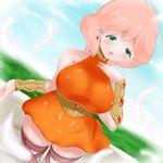  absurdres blush breasts commentary_request final_fantasy final_fantasy_v green_eyes highres large_breasts lenna_charlotte_tycoon open_mouth orange_shirt pink_hair ryukishi shirt short_hair smile solo 
