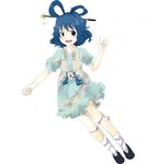  blue_dress blue_eyes blue_hair dress flower hair_ornament hair_ribbon hair_stick kaku_seiga looking_at_viewer oota_jun'ya_(style) open_clothes open_mouth open_vest parody puffy_short_sleeves puffy_sleeves ribbon short_sleeves smile solo style_parody touhou uranaishi_(miraura) vest 