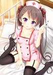  2016 absurdres bed black_hair breasts cleavage happy hat highres long_hair looking_at_viewer maccha medium_breasts moe2016 nurse on_bed original purple_eyes ribbon sitting sitting_on_bed solo thighhighs tsurime twintails wariza 