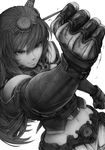  arm_up bangs belt brass_knuckles clenched_hand commentary elbow_gloves fingerless_gloves from_above gloves greyscale headgear imizu_(nitro_unknown) kantai_collection long_hair looking_up midriff monochrome nagato_(kantai_collection) navel simple_background solo textured_hair weapon white_background 