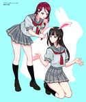  ?? animal_ears bad_id bad_pixiv_id bangs black_hair blunt_bangs brown_eyes bunny_ears bunny_tail character_name copyright_name cuutie_paanther_(pixiv13394212) green_eyes highres kneehighs kurosawa_dia loafers long_hair looking_at_another love_live! love_live!_sunshine!! mole mole_under_mouth multiple_girls red_hair sakurauchi_riko school_uniform seiza serafuku shoes sitting sweatdrop tail uranohoshi_school_uniform 