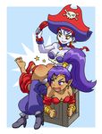  ass barefoot blue_eyes blush breasts cleavage feet purple_eyes purple_hair risky_boots shantae shantae_(character) spanking zekel 