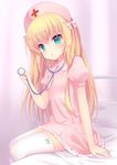  amashiro_natsuki aqua_eyes bed blonde_hair bow dress green_bow hat highres long_hair looking_at_viewer moe2016 nurse nurse_cap on_bed open_mouth original pink_dress puffy_short_sleeves puffy_sleeves short_sleeves sitting sitting_on_bed solo stethoscope thighhighs very_long_hair white_bow white_legwear zettai_ryouiki 