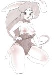  2017 anthro bow_tie breasts buckteeth camel_toe clothed clothing digital_media_(artwork) exposed_breasts female hair hand_on_hip kneeling lagomorph leotard leotard_down long_hair looking_at_viewer macadam mammal monochrome navel nipples rabbit solo teeth thick_thighs 