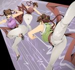  3girls ass bare_shoulders bei_pooh bow braid breasts brown_eyes brown_hair chinese_clothes double_bun hair_bow kicking large_breasts long_hair looking_at_viewer looking_back looking_down multiple_girls no_socks pants ribbon sai_pooh sash shiny shiny_clothes skin_tight smile strider_(video_game) tight_pants ton_pooh twin_braids zinger_(excess_m) 