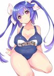  blue_hair hair_ribbon i-19_(kantai_collection) ichihaya kantai_collection long_hair name_tag red_eyes ribbon smile solo swimsuit tri_tails 