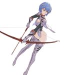  adapted_costume arrow ayanami_rei blue_hair boots bow_(weapon) cape commentary cross-laced_footwear drawing_bow elbow_gloves gloves hair_ornament highres holding holding_arrow holding_bow_(weapon) holding_weapon lace-up_boots leotard looking_away loped neon_genesis_evangelion plugsuit red_eyes solo thigh_boots thighhighs weapon white_footwear white_legwear 