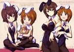  absurdres age_progression animal_ears arm_grab breasts brown_eyes brown_hair bunny_ears bunny_girl bunny_tail bunnysuit character_name cleavage copyright_name covered_navel detached_collar fishnet_pantyhose fishnets girls_und_panzer highres kurashima_tomoyasu large_breasts light_smile multiple_girls nishizumi_maho nishizumi_miho no_bra pantyhose short_hair siblings sisters smile tail wrist_cuffs younger 