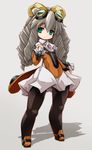  black_legwear bow cravat drill_hair expressionless full_body goggles goggles_on_head green_eyes grey_background grey_hair hair_bow highres karukan_(monjya) long_hair looking_at_viewer maria_balthasar orange_footwear pantyhose shoes skirt solo standing white_skirt xenogears yellow_bow 