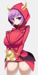  ass blush breasts fake_horns gen_3_pokemon grey_background highres hood horned_headwear huge_ass huge_breasts kagari_(pokemon) looking_at_viewer numel pokemon pokemon_(creature) pokemon_(game) pokemon_oras purple_eyes purple_hair sawati short_hair simple_background team_magma thick_thighs thighs 