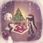  armor black_hair bottle christmas christmas_stocking christmas_tree dreaming drooling futon hat honegai hotarumaru ishikirimaru japanese_armor japanese_clothes jirou_tachi long_hair low-tied_long_hair male_focus multiple_boys ponytail santa_hat shoulder_armor sleeping snowflakes sode stuffed_animal stuffed_toy tarou_tachi teddy_bear thought_bubble touken_ranbu translation_request yellow_eyes zzz 