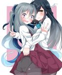  2girls absurdres ass assisted_exposure black_hair blush bow bowtie brown_eyes fang grey_hair hair_over_one_eye hair_ribbon hayashimo_(kantai_collection) highres kantai_collection kiyoshimo_(kantai_collection) long_hair long_sleeves looking_at_viewer low_twintails multiple_girls nebusoku open_mouth panties panties_under_pantyhose pantyhose polka_dot polka_dot_panties purple_eyes ribbon school_uniform simple_background skirt skirt_lift smile tears twintails underwear v very_long_hair yuri 