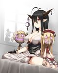  antenna_hair bandaged_arm bandages bed black_gloves black_hair blush breasts cleavage crescent danua draph dress fingerless_gloves gloves granblue_fantasy hair_between_eyes horn_ornament horns jewelry kamata_yuuya large_breasts long_hair looking_at_viewer necklace pointy_ears red_eyes sitting solo stuffed_toy wariza white_dress 