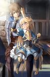  1girl armor armored_boots blonde_hair blue_eyes blush boots breastplate brown_eyes brown_hair charlotta_fenia crown elf eye_contact frilled_skirt frills gauntlets gran_(granblue_fantasy) granblue_fantasy long_hair looking_at_another open_mouth outdoors pointy_ears porch puffy_sleeves shiseki_hirame skirt table very_long_hair 