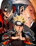  bandages black_hair blonde_hair blue_eyes forehead_protector hair_over_one_eye highres jewelry male_focus multiple_boys naruto naruto_(series) naruto_shippuuden necklace red_eyes sharingan uchiha_itachi uchiha_obito uzumaki_naruto zifletts 