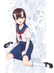  black_hair blue_sailor_collar blush brown_eyes commentary_request horns kamo_kamen kneehighs long_hair long_legs looking_at_viewer mary_janes mole mole_under_eye neckerchief oni_horns open_mouth original pleated_skirt sailor_collar school_uniform serafuku shoes single_shoe sitting skirt solo wariza white_legwear 