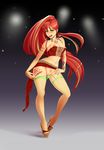  body_writing breasts full_body gradient gradient_background green_eyes green_hair high_heels large_breasts long_hair multicolored_hair navel nipples panties piercing ponytail pussy pyrrha_nikos red_hair rwby shonomi solo stockings tattoo thighhighs uncensored underwear 