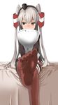 akihito_(slotlove) amatsukaze_(kantai_collection) blush brown_eyes commentary_request dress feet hairband highres kantai_collection long_hair looking_away outstretched_foot pillow pillow_hug pov_feet red_legwear sailor_dress silver_hair solo two_side_up 