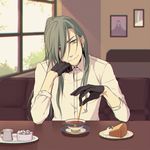  black_gloves bowl cake chin_rest chromatic_aberration cup food gloves green_eyes green_hair heterochromia honegai indoors looking_at_viewer male_focus nikkari_aoe plate red_eyes sitting smile solo spoon stirring sugar_cube tea teacup touken_ranbu window 