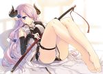  bare_legs barefoot blue_eyes bridal_gauntlets demon_horn draph granblue_fantasy hair_over_one_eye katana lavender_hair long_hair looking_at_viewer narmaya_(granblue_fantasy) pointy_ears shirt sitting smile solo sword t-ray thigh_strap very_long_hair weapon 