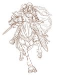  armor cape fujino_shizuru full_body horse huu00 knight kuga_natsuki monochrome multiple_girls my-hime princess riding sword weapon 