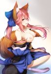  1girl animal_ear_fluff animal_ears bangs bare_shoulders blue_bow blue_kimono blush bow breasts collarbone detached_sleeves fate/extra fate_(series) fox_ears fox_girl fox_tail hair_between_eyes hair_bow highres japanese_clothes kimono kyuu_(chiu850513) large_breasts long_hair looking_at_viewer nipples open_mouth pink_hair sash short_kimono sidelocks sitting smile solo tail tamamo_(fate)_(all) tamamo_no_mae_(fate) tassel thighs twintails yellow_eyes 