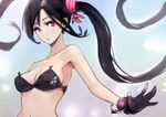  \||/ absurdres bikini_top black_gloves black_hair breasts chestnut_mouth cleavage eyelashes floating_hair gloves hair_ornament highres long_hair medium_breasts okuto open_hand original outstretched_arm pink_eyes red_eyes solo strapless twintails underboob upper_body 