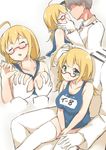  1girl absurdres admiral_(kantai_collection) ahoge aqua_eyes blonde_hair blush breast_grab breasts closed_eyes collarbone faceless faceless_male glasses grabbing hetero highres i-8_(kantai_collection) kantai_collection large_breasts low_twintails name_tag one-piece_swimsuit red-framed_eyewear ribbon school_swimsuit semi-rimless_eyewear shiso_azuki simple_background sitting sitting_on_lap sitting_on_person swimsuit thighhighs twintails white_background white_legwear white_ribbon 