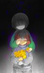  androgynous bangs blunt_bangs brown_hair chara_(undertale) closed_eyes covering_another's_eye cowboy_shot facing_viewer flower frisk_(undertale) gradient gradient_background hair_over_eyes heart hidden_eyes highres holding holding_flower long_sleeves multiple_others one_eye_covered open_mouth pacifique partially_colored smile spoilers standing undertale watermark web_address 