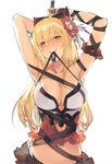  armpits bikini blonde_hair blush breasts cleavage duoyuanjun flower granblue_fantasy hair_flower hair_ornament large_breasts long_hair mouth_hold navel red_eyes solo strap_pull swimsuit vira_lilie 