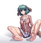  animal_ears bangs bare_legs barefoot breasts collarbone commentary dress eyebrows feet floppy_ears green_eyes green_hair hater_(hatater) highres kasodani_kyouko large_breasts looking_at_viewer miniskirt short_hair simple_background sitting skirt soles solo spread_legs tail thighs toes touhou white_background 