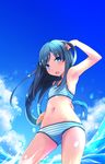  asashio_(kantai_collection) bikini blue_eyes blue_hair comah kantai_collection long_hair solo standing striped striped_bikini swimsuit water 