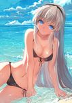  arm_support baisi_shaonian bare_shoulders bikini black_bikini blue_eyes breasts cameltoe clannad cleavage cloud collarbone day groin hairband highres looking_at_viewer medium_breasts navel partially_submerged sakagami_tomoyo side-tie_bikini sky smile solo swimsuit water 