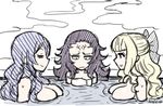  3girls akairiot blonde_hair bow breast_envy breasts camilla_(fire_emblem_if) charlotte_(fire_emblem_if) cleavage embarrassed facial_tattoo fire_emblem fire_emblem_if flat_chest multiple_girls nintendo nyx_(fire_emblem_if) onsen tattoo towel 