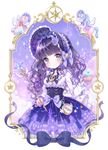  bonnet bow commentary_request compass curly_hair dress flower frame hat hat_bow hat_flower highres lolita_fashion long_sleeves looking_at_viewer original purple_eyes purple_hair shiori_(xxxsi) smile solo underbust unicorn wand 