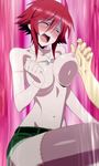  1girl breasts eyes_closed highres large_breasts monster_girl monster_musume_no_iru_nichijou nipples red_hair short_hair shorts sitting stitched topless zombie zombina 