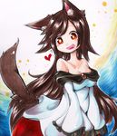  animal_ears blush_stickers breasts brooch brown_hair cleavage collarbone dress heart hiwana_(nagare_hibana) imaizumi_kagerou jewelry long_sleeves looking_at_viewer marker_(medium) medium_breasts off_shoulder open_mouth red_eyes shikishi solo tail touhou traditional_media wide_sleeves wolf_ears wolf_tail 