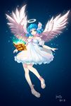  angel angel_wings artist_name bare_shoulders black_hair blue_eyes book dress feathered_wings halo june_lily short_hair smile solo white_wings wings 