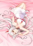  animal_ears black_hanekawa breasts cat_ears cleavage dress eyewear_removed fang glasses hanekawa_tsubasa highres june_lily large_breasts long_hair monogatari_(series) panties ribbon-trimmed_clothes ribbon_trim see-through solo underwear upside-down white_dress white_hair yellow_eyes 