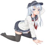  :o all_fours anchor_symbol arched_back arm_up black_legwear blue_eyes flat_cap hand_on_headwear hat hibiki_(kantai_collection) highres kantai_collection long_hair looking_at_viewer neckerchief pleated_skirt school_uniform serafuku shokora_momiji silver_hair skirt solo thighhighs transparent_background uniform 