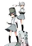  absurdres arare_(kantai_collection) arm_warmers bangs black_hair blouse blunt_bangs bow brown_eyes clenched_hands crossed_arms frown grey_hair hair_bow hair_ornament hat highres kantai_collection kasumi_(kantai_collection) kneehighs looking_at_viewer multiple_girls ooyama_imo rock school_uniform short_hair side_ponytail sidelocks suspenders wind wind_lift 